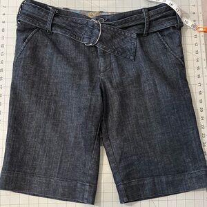 One 5 One Dark Blue Wash Flat Front Belted Bermuda Shorts